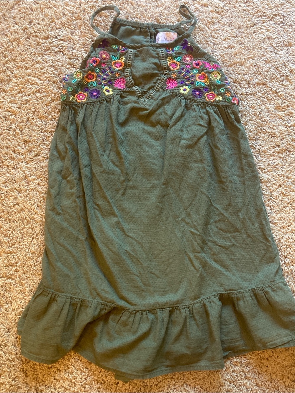 Place Olive Green Embroidered Halter Dress